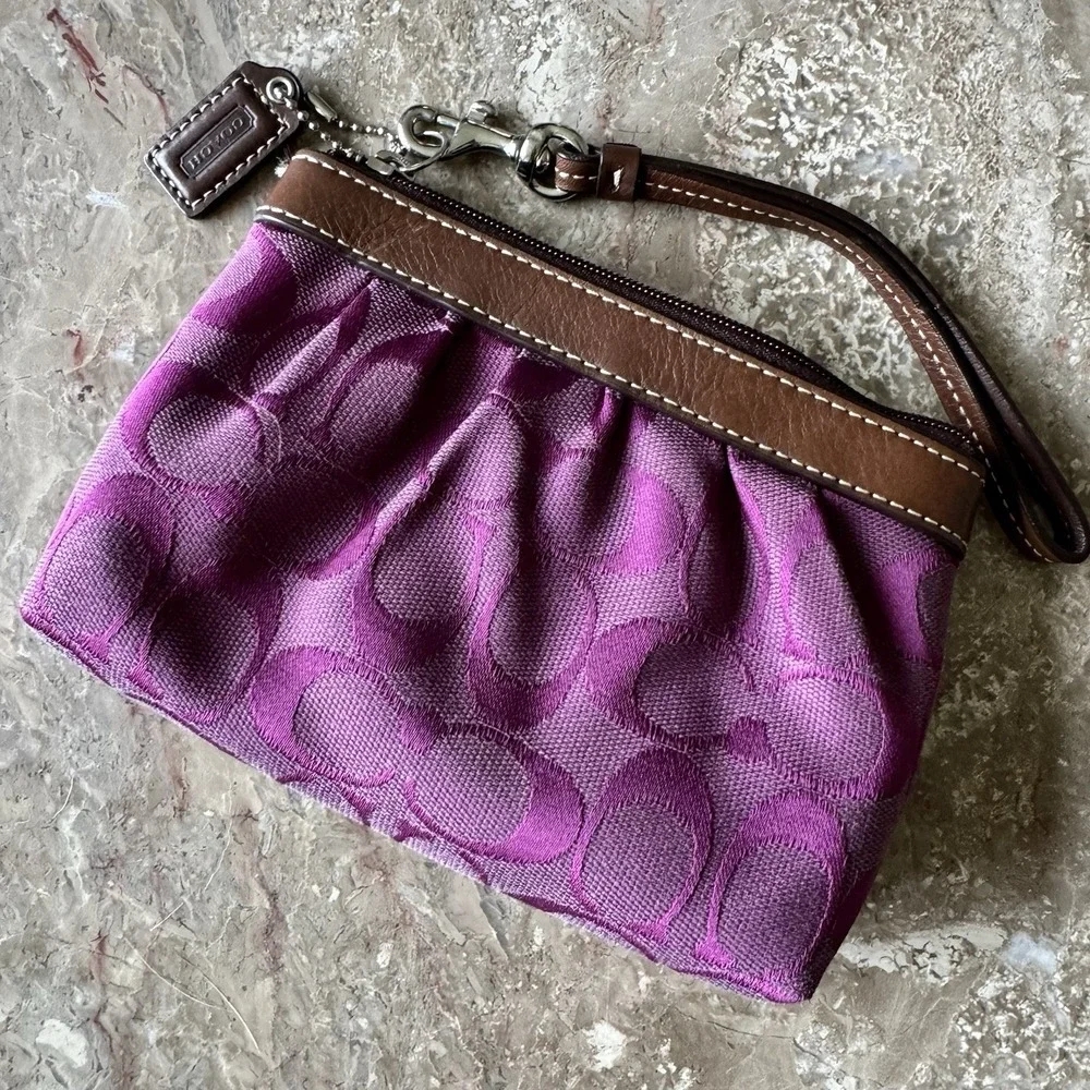 Coach Purple Logo Wristlet Bag with Brown Trim and Wrist Strap